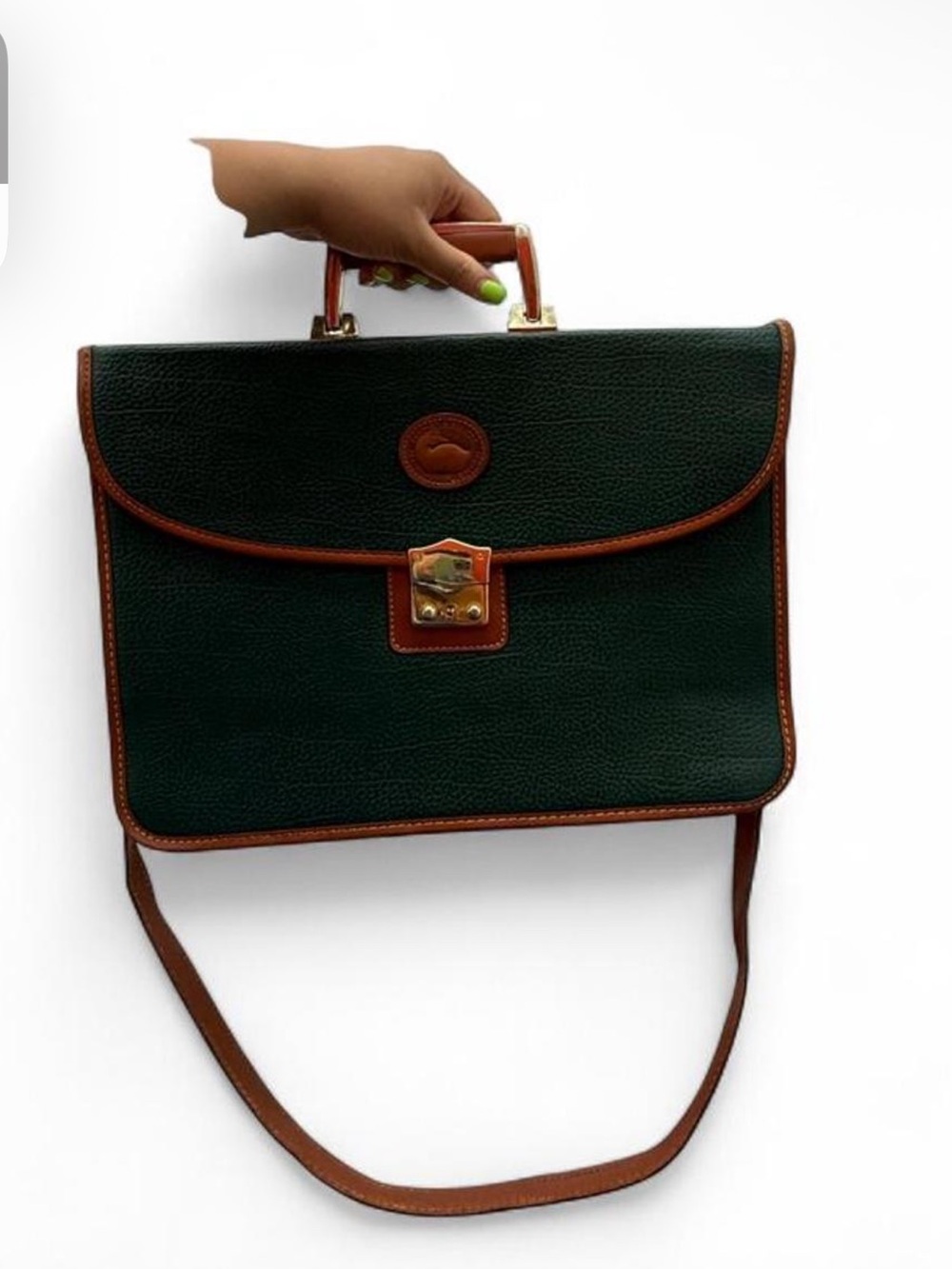 Vintage Dooney and Burke Dark Green Leather Briefcase with Brown Trim